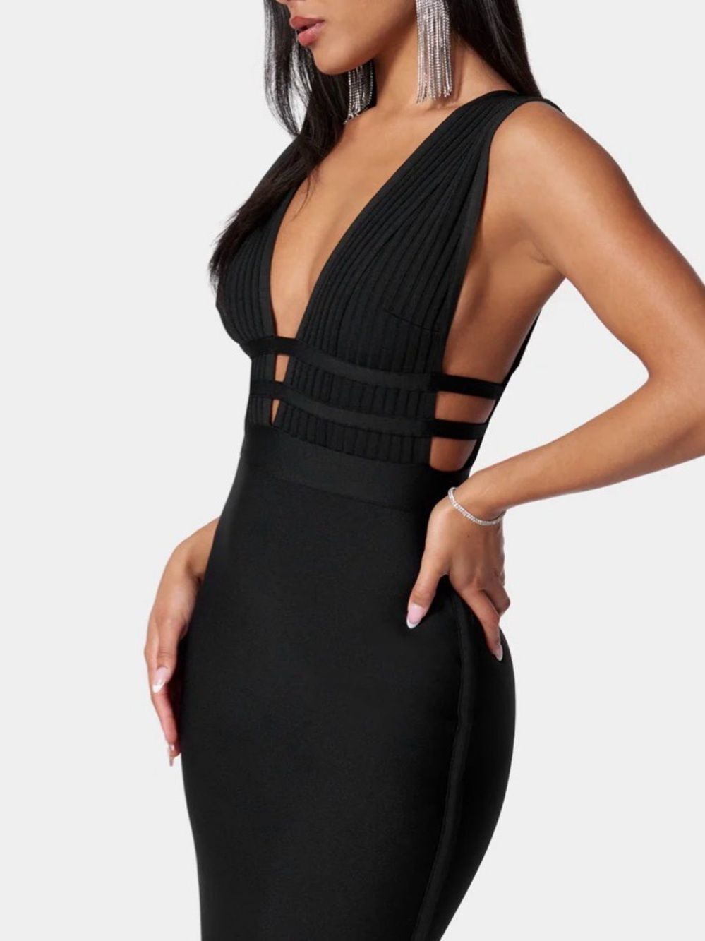 Plunging Ribbed Cutout Black Bodycon Dress